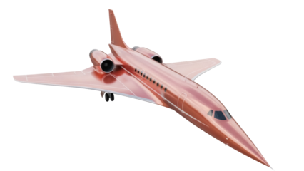 Rose gold supersonic jet PNG isolated on transparent background, futuristic airplane for travel and aerospace concepts
