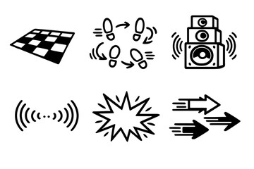 Dance Floor Vibe. Dance beatsset in outline vector style dance floor grid, moving footsteps, speaker stack, vibration lines, energy burst, motion arrows