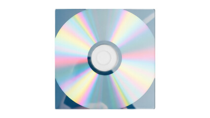 Compact disc in jewel case isolated PNG on transparent background, shiny iridescent CD for data storage and music