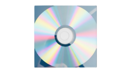 Compact disc in jewel case isolated PNG on transparent background, shiny iridescent CD for data storage and music