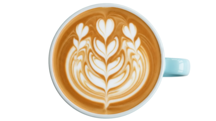 Latte art in light blue cup isolated PNG, coffee with heart pattern on transparent background, cappuccino for cafe menu and design