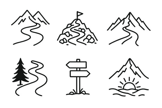 Mountain Trail Icons. Mountain Trails set in outline vector style: winding trail, rocky switchback, summit marker, alpine ridge, pine silhouette, trail sign, mountain peak, sunrise horizon