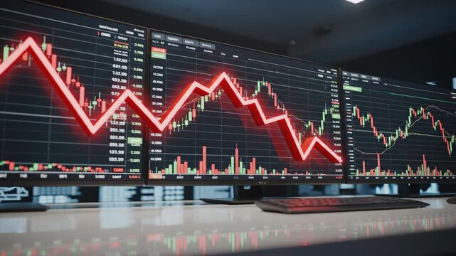 Red fluctuating line on monitor display. Stock market decline and growth. Financial graph showing investment trends.