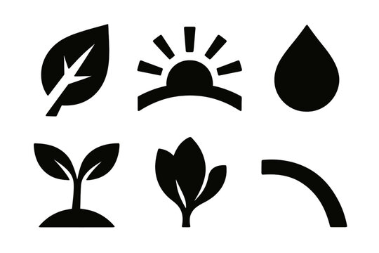 Rhythmic Seasons Icons. Rhythmic Seasons icon set in silhouette bold style. Contain shifting leaf, warming sun arc, cool droplet, budding sprout, fading petal, seasonal curve