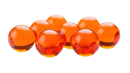 Pile of orange gel capsules isolated PNG on transparent background, fish oil supplement for health and wellness