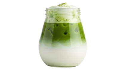Iced matcha latte in a glass isolated PNG on transparent background, refreshing green tea drink with milk and foam