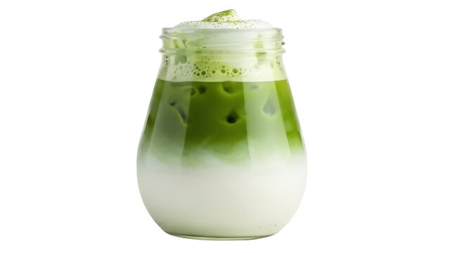 Iced matcha latte in a glass isolated PNG on transparent background, refreshing green tea drink with milk and foam