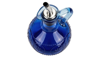 Elegant blue glass oil dispenser with spout isolated PNG, vintage style cruet for kitchen use on transparent background
