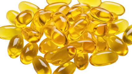 Pile of golden Omega-3 fish oil softgels isolated PNG, dietary supplement capsules for health and nutrition on transparent background