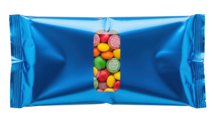 Shiny blue candy package with colorful sweets isolated on transparent background, foil wrapped treat for party favors and snacks PNG