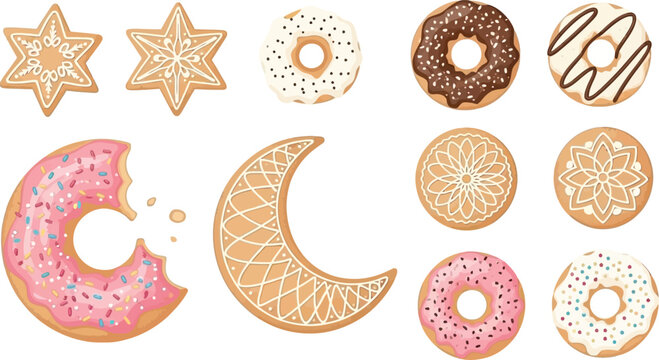 Decorative Cookies and Donuts Collection with Various Shapes and Frostings for Celebrations and