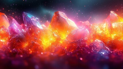 Fototapeta premium Vibrant Crystalline Peaks Erupting with Fiery Orange and Pink Light Amidst Cosmic Dust and Nebula