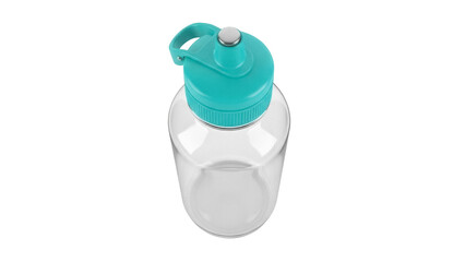 Clear plastic water bottle with turquoise lid isolated PNG, reusable container for hydration and fitness on transparent background