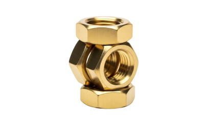 Stack of three golden hex nuts isolated PNG, fasteners for industrial construction and mechanical engineering projects