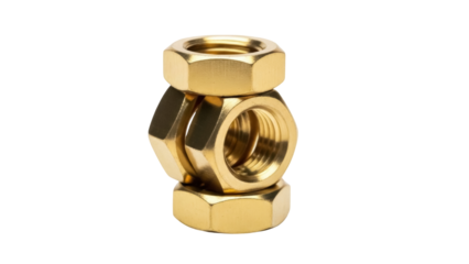 Stack of three golden hex nuts isolated PNG, fasteners for industrial construction and mechanical engineering projects