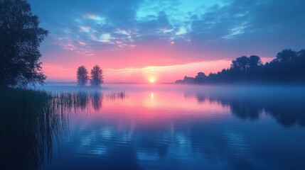 Obraz premium Sunrise Over Misty Lake with Silhouette Trees and Distant Buildings Pink and Blue Sky
