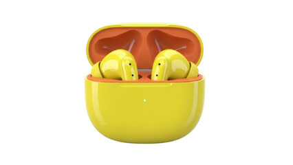 Vibrant yellow wireless earbuds in charging case isolated PNG, modern audio technology for music listening and communication
