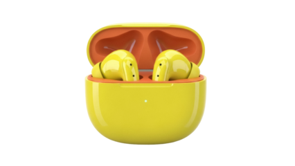 Vibrant yellow wireless earbuds in charging case isolated PNG, modern audio technology for music listening and communication