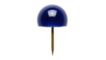 Blue push pin isolated PNG on transparent background, office supply for bulletin boards and presentations, notice board accessory