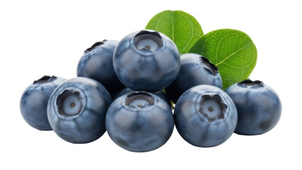 Pile of fresh blueberries with green leaves isolated PNG, healthy antioxidant-rich fruit for food design and summer recipes on transparent background