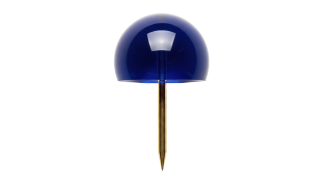 Blue push pin isolated PNG on transparent background, office supply for bulletin boards and presentations, notice board accessory - Powered by Adobe