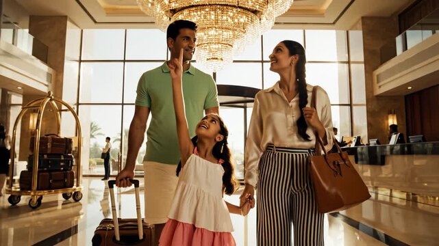 Family entering hotel lobby with luggage