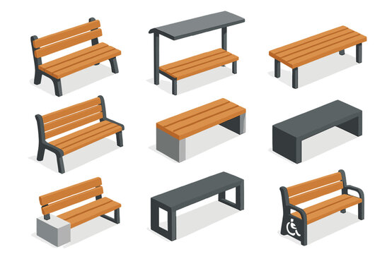 Isometric Bench Icons. Public benches set in isometric flat vector : street bench, bus stop bench, plaza bench, boardwalk bench, shaded bench, concrete bench, modern bench, accessible bench