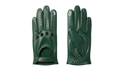 Pair of green leather driving gloves isolated PNG, stylish perforated gloves for racing and automotive enthusiasts on transparent background