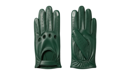 Pair of green leather driving gloves isolated PNG, stylish perforated gloves for racing and automotive enthusiasts on transparent background