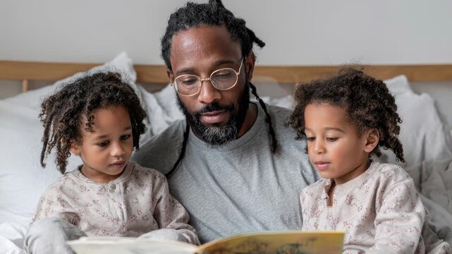 African American Read-In. Father reading storybook with children on cozy bed in gentle morning light