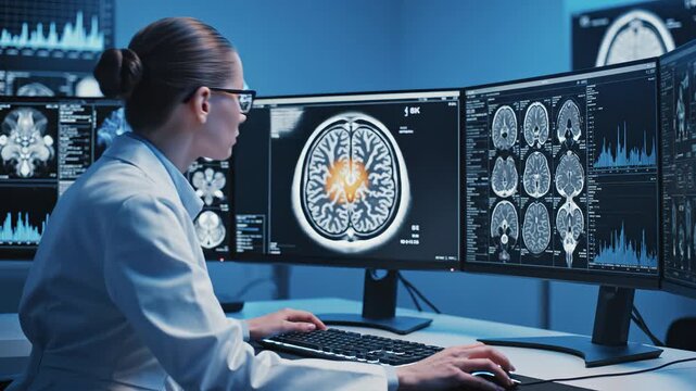 Doctor analyzing brain scans on computer monitors