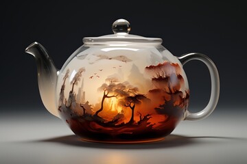 Glass teapot displaying a surreal sunset landscape painting inside, creating a warm, glowing visual