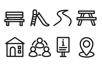 Community Space Icons. Community Shared Property set in outline vector style: park bench, playground, communal pathway, picnic area, shared facility icon, group