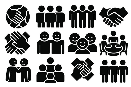 Teamwork Unity Icons. Huddle icon set in silhouette bold style. Contain circle of hands, group of teammates, linked arms, handshake, teamwork, overlapping hands
