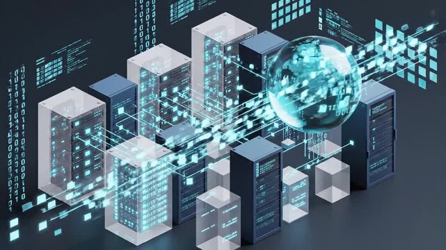 Global Data Center Network Interconnected Servers and Digital Globe Representing Global Communication