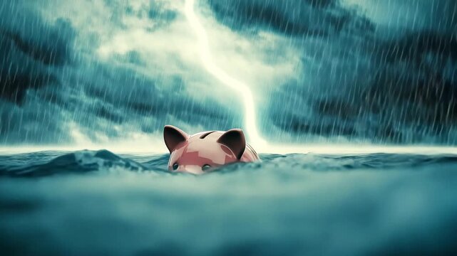 Pink piggy bank floating in dark stormy ocean waves under cloudy sky. Concept of financial crisis, risk, and economic instability