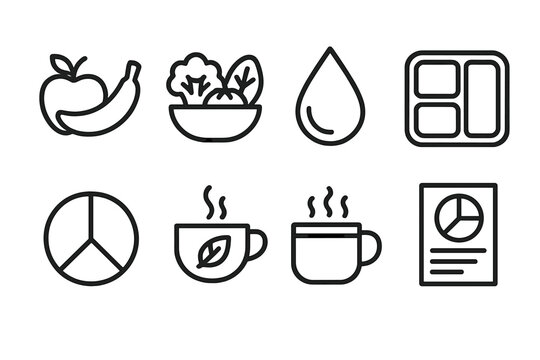 Nutritional Icon Set. Healthy Nutrition Habits set in outline vector style: fresh fruit, veggie bowl, whole grains, hydration droplet, meal prep box, portion guide, herbal tea cup, nutrient chart