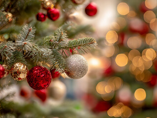 Festive pine tree branches adorned with sparkling red and gold ornaments glowing softly against a backdrop of warm holiday lights and bokeh effects