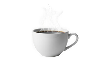 Steaming hot coffee in a white ceramic mug isolated on transparent background