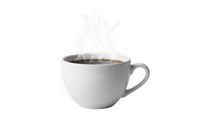 Steaming hot coffee in a white ceramic mug isolated on transparent background
