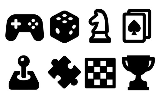 Brutalist Gaming Icons. Games icon set in silhouette bold style. Contain game controller, dice, chess piece, playing cards, joystick, puzzle piece, board game, trophy