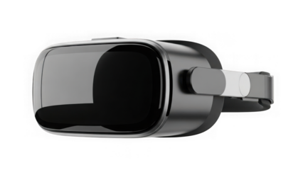 Black virtual reality headset with adjustable strap and sleek design isolated on transparent background