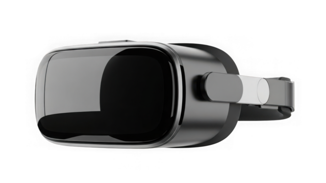 Black virtual reality headset with adjustable strap and sleek design isolated on transparent background - Powered by Adobe