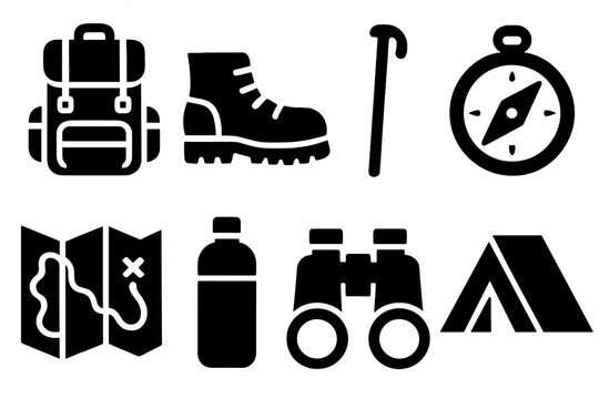 Outdoor Adventure Gear Icons. Outdoor Route Adventure Tools icon set in silhouette bold style. Contain backpack, hiking boots, walking stick, compass, map, water bottle, binoculars, tent