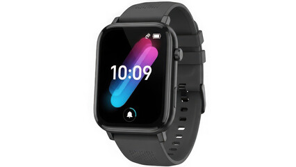 Smartwatch with black strap and colorful screen isolated on transparent background