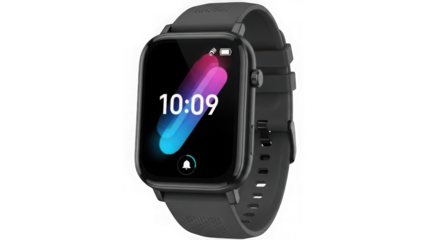 Smartwatch with black strap and colorful screen isolated on transparent background