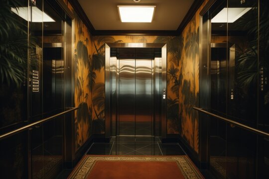 Ornate elevator lobby featuring vintage tropical wallpaper and luxurious details