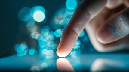 Finger gently tapping on a glowing touchscreen device with a bokeh background creating a futuristic and tech-inspired visual atmosphere