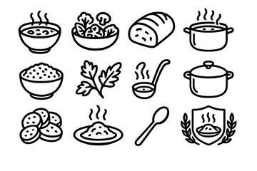 Hearty Meal Icons. Hearty Meals set in outline vector style: warm stew bowl, roasted vegetables, hearty bread loaf, simmering pot, grain bowl, herb garnish,