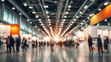 Blurred view of a busy trade show or exhibition hall filled with people exploring various booths and displays under bright overhead lighting and spacious ceiling pan